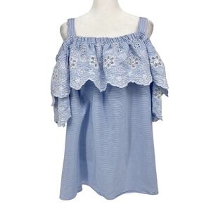 Hummingbird Top Blue White Stripe Off Shoulder Ruffle Lace Cold Shoulder 2XL‎